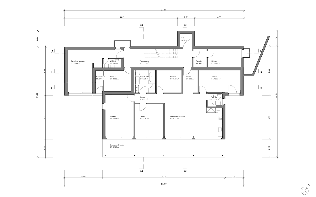 Grundriss Ebene 1, Mehrfamilienhaus Küssnacht, M 1:100