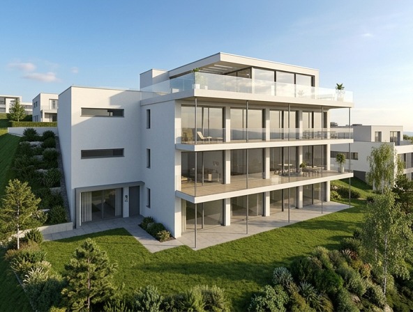 3D-Visualisierung Mehrfamilienhaus Küssnacht, moderne weisse Fassade mit Glasbrüstungen