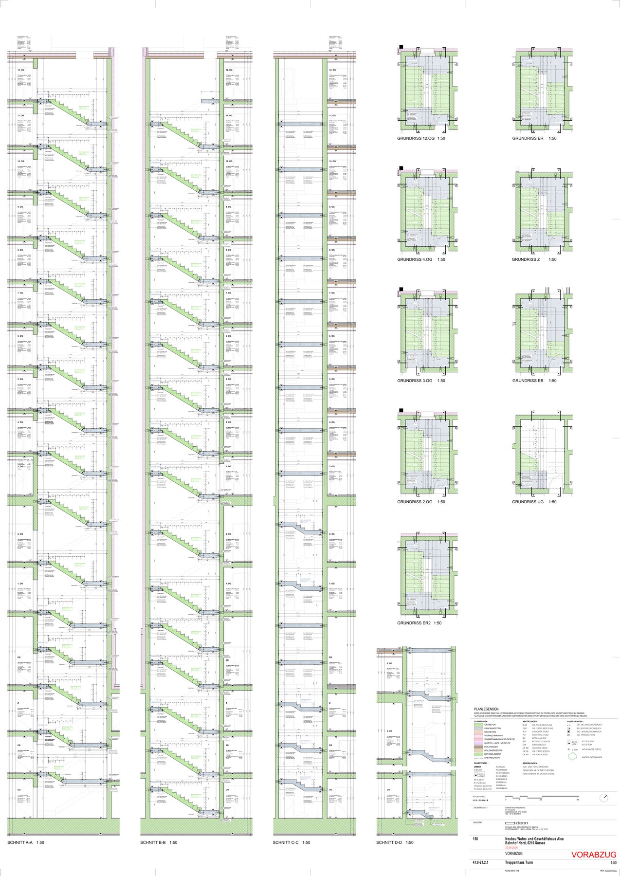 Treppenplan Turm, Treppenhaus über 12 Obergeschosse mit Schnitten und Grundrissen, ArchiCAD 29